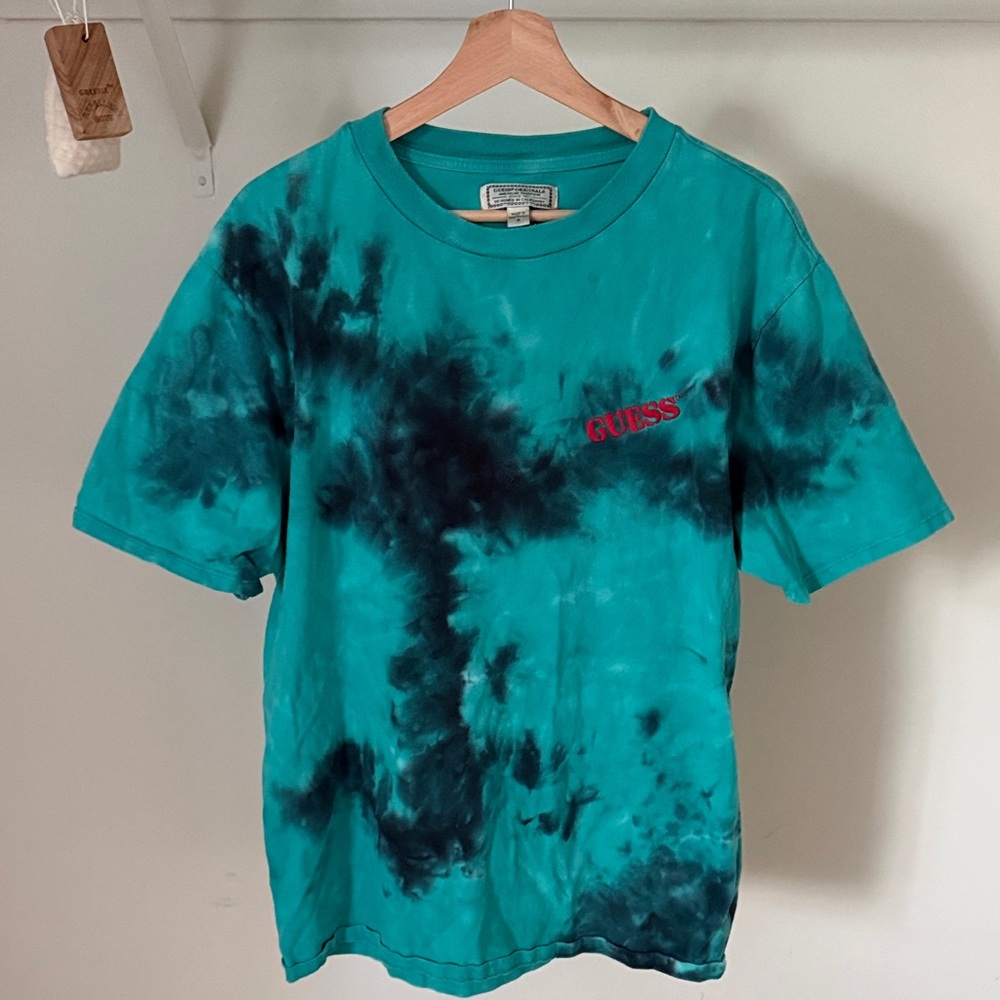 Guess Teal and Black Tie-Dye Short Sleeve Tee with Red Logo